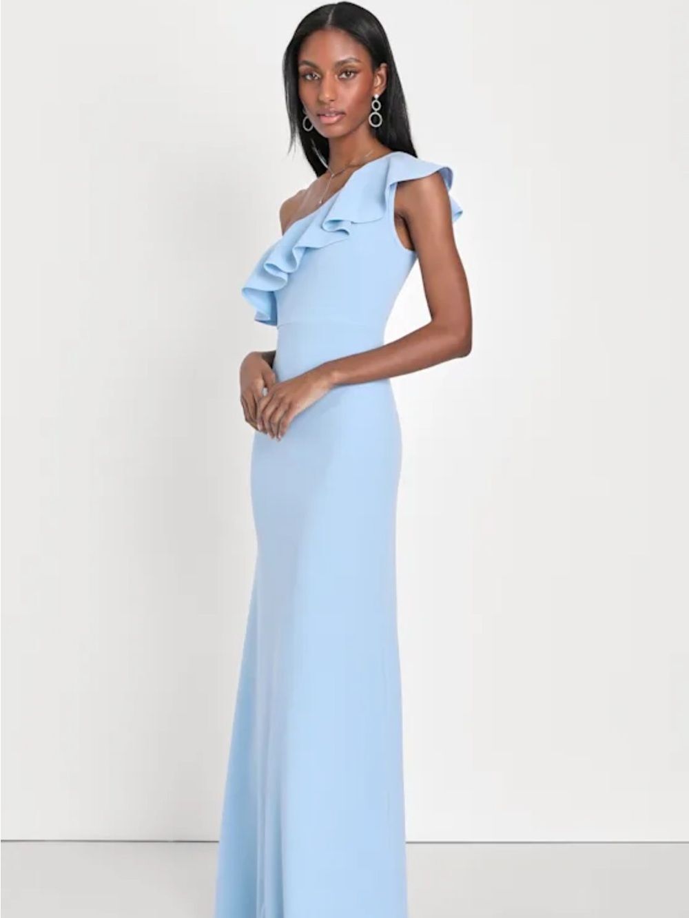 Lulu’s Last Forever Powder Blue One Shoulder Ruffle Maxi Dress Size S NWT